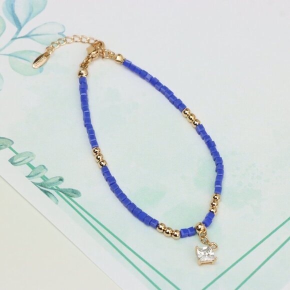 Elegant Rose Gold Bracelet with Blue Beads and Sparkling Charm, XPBL0634 - Picture 2 of 12
